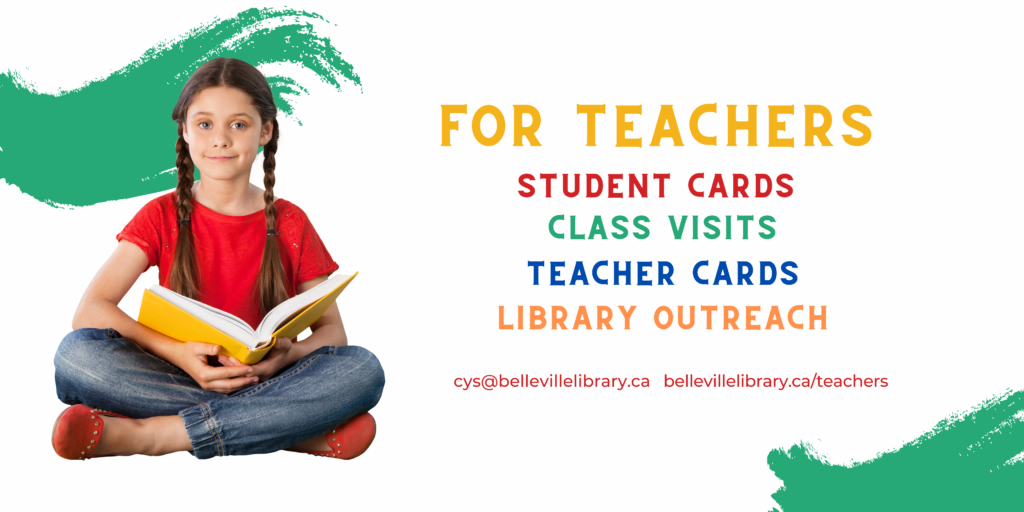 For Teachers web page heading with wording: studen cards, class visits, teacher cards and library outreach