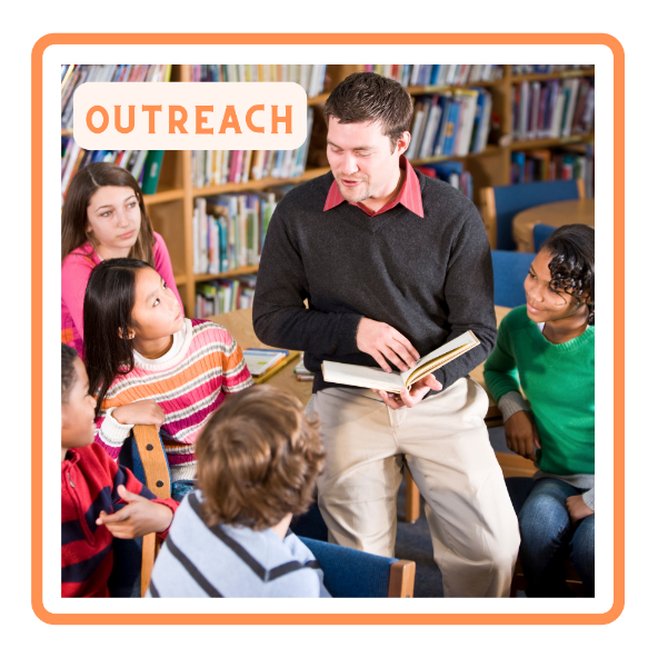 Outreach Services section link image - shows man reading to a group of children