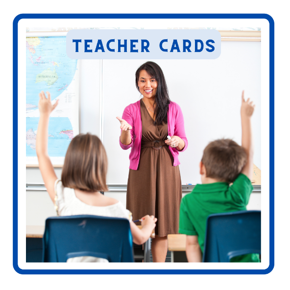 Teacher Cards section link image - shows a teacher in front of two children in school desks