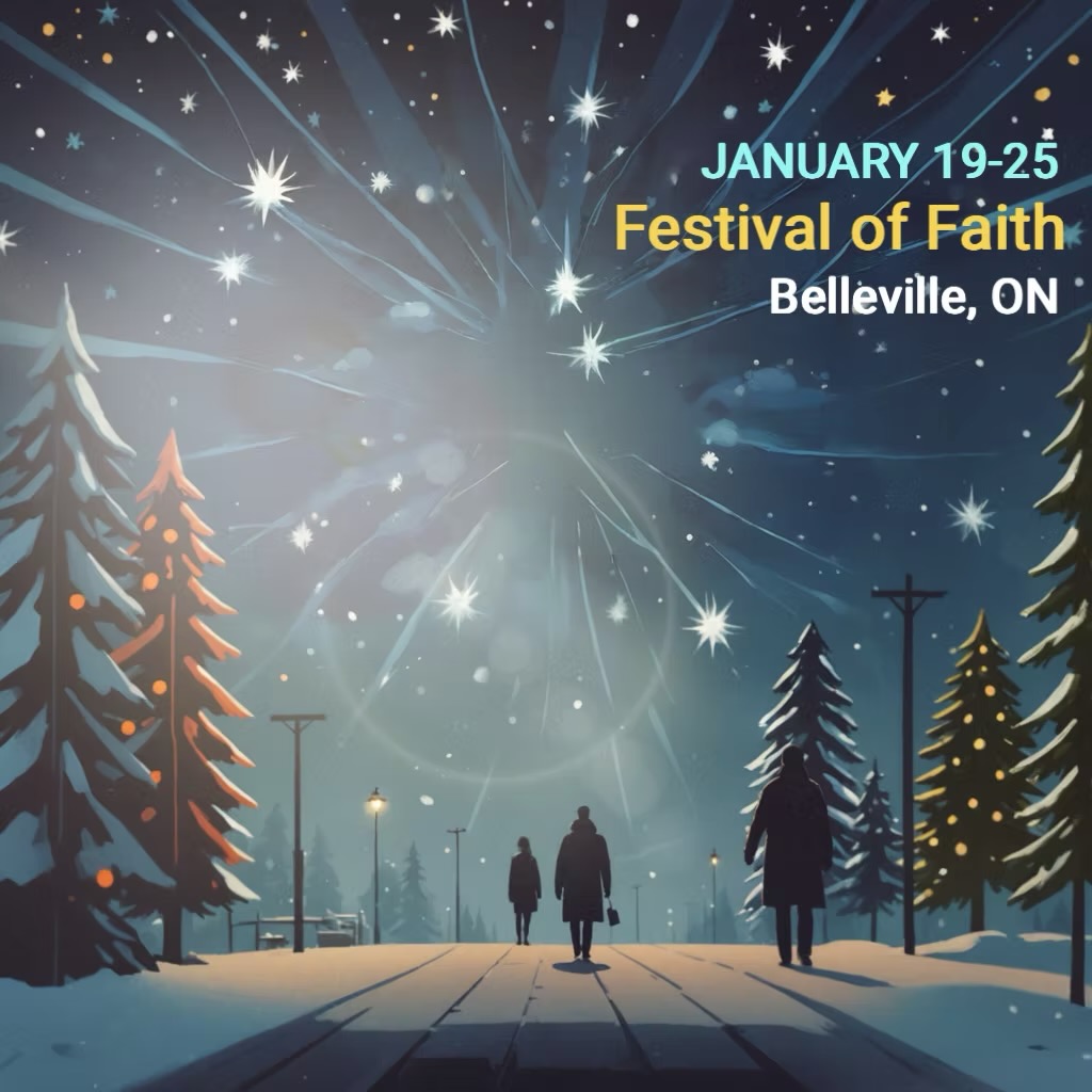 Graphic of a snowy road at night, with three people walking.