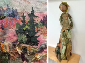 Image of mixed media artwork, one side showing a landscape, one side showing figure made from fabric.