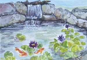 Image of a watercolour painting showing a fishpone with two goldfish swimming in the water and a small waterfall at the back.