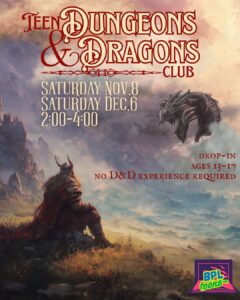 Poster for the Teen Dungeons & Dragons Club at Belleville Public Library. A warrior overlooks a misty landscape with a dragon in the sky.