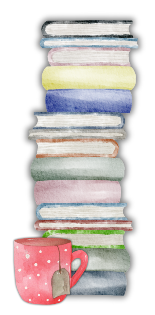 Graphic of a stack of books and a red mug of tea