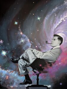 Image of an acrylic painting showing a man leaning back in an office chair in black a white, in front of a blue and purple galaxy scene
