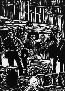 Black and white image of a linocut reflecting on traditional folk songs of early Ontario