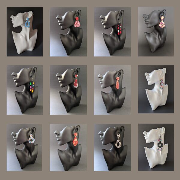 An image of colourful polymer clay earrings, handmade by artist Colleen Lang