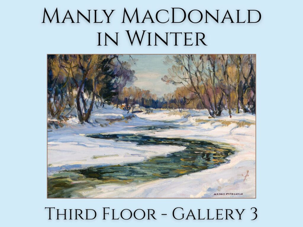 Image of an oil painting by Manly MacDonald showing a sunlit winter scene.