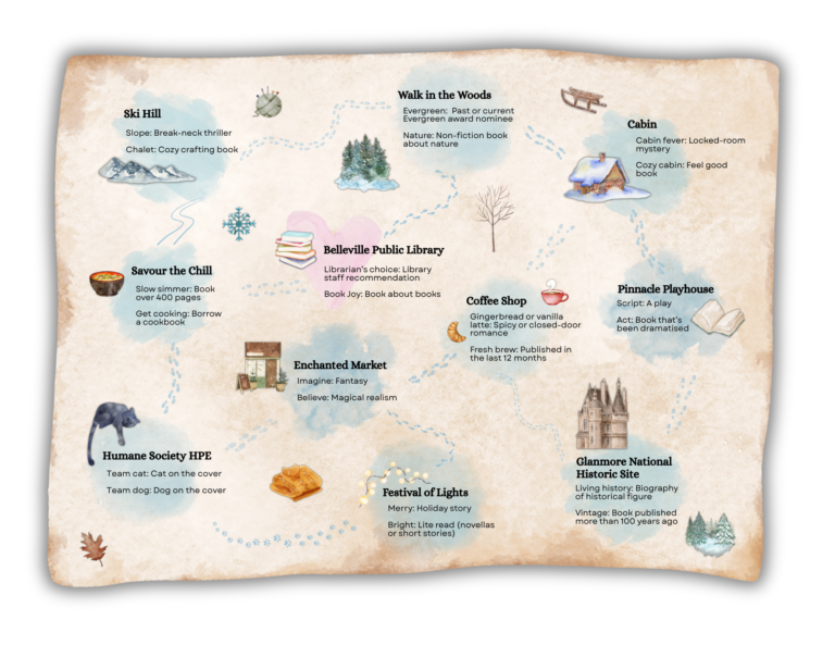 Illustrated winter-themed reading map showing a whimsical path connecting locations like Ski Hill, Cabin, Coffee Shop, Enchanted Market, and Festival of Lights, each with a different reading prompt or genre challenge.