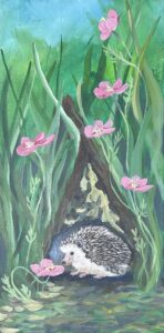 Image of an acrylic painting showing a hedgehog deep within tall grasses, surrounded by pink flowers.