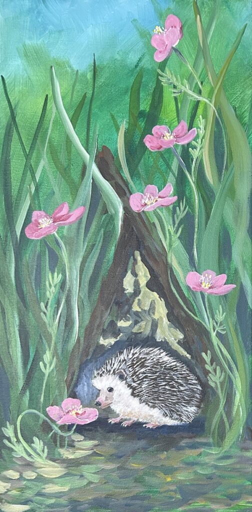 Image of an acrylic painting showing a hedgehog deep within tall grasses, surrounded by pink flowers.