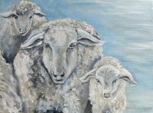 Image of an acrylic painting showing three white sheep in winter, in front of a light blue sky.