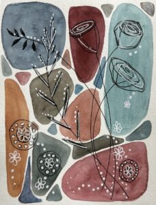 Image of an abstract watercolour painting showing blocks of colour with abstract floral designs on top of the colour.