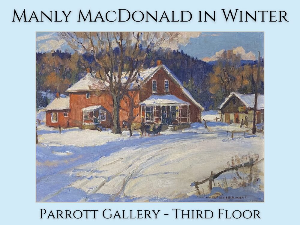 Image of an oil painting by Manly MacDonald, showing a scene of a house in winter, with a horse and sleigh out front.