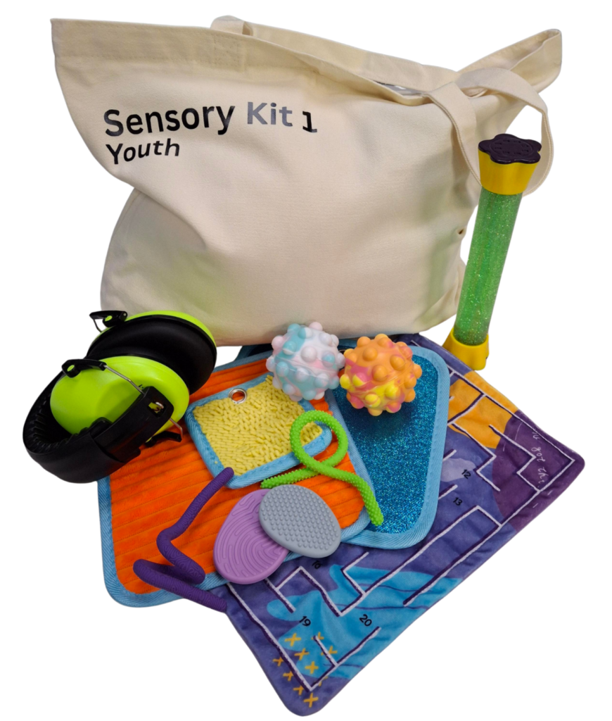 Photo os a canvas tote bag and a variety of items including ear muffs, stress balls and fidget toys