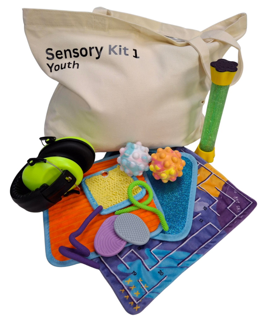 Photo os a canvas tote bag and a variety of items including ear muffs, stress balls and fidget toys