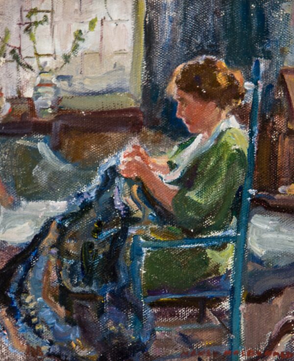 Image of an oil painting showing a woman in profile sitting in a chair and working on a rag rug.