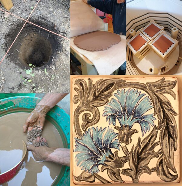 Photos showing clay being processed and made into tiles