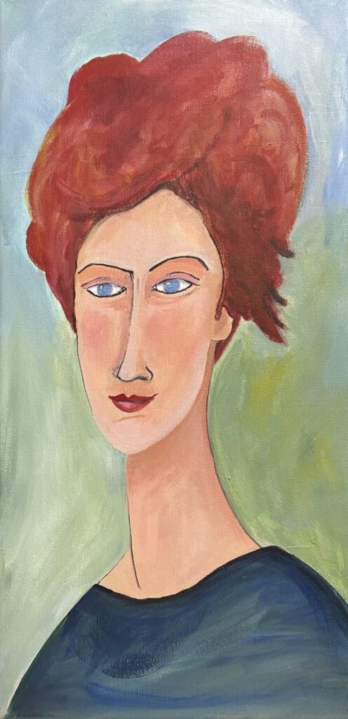Image of an acrylic painting of a woman with red hair and blue eyes, in the style of Modigliani