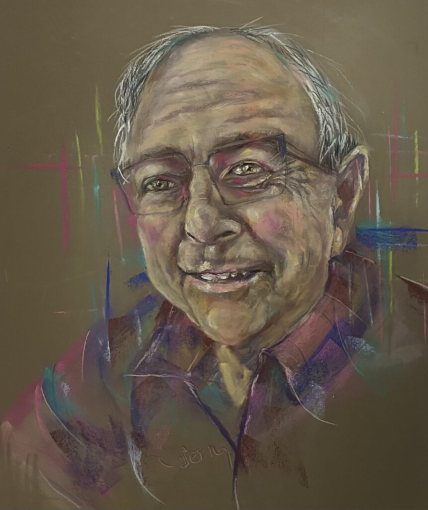 Image of a pastel portrait showing a man with short grey hair and glasses smiling