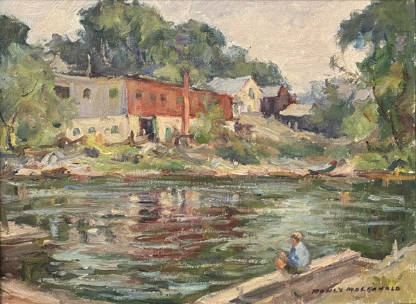Image of an oil painting showing a river scene with a boy fishing in the foreground and buildings along the water in the background.