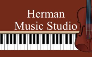 Image showing a piano keyboard and violin with the wording Herman Music Studio above the keyboard.