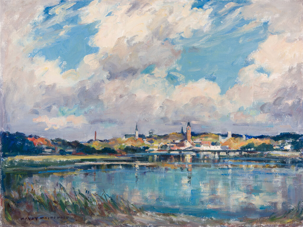 Image of an oil painting showing the skyline of the city of Belleville on the Bay of Quinte, by Manly MacDonald.