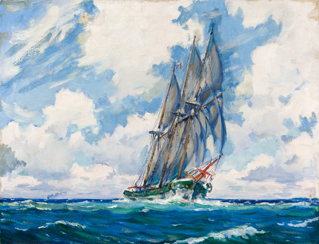 Image of an oil painting of a large ship on the Bay of Quinte, by Manly MacDonald.