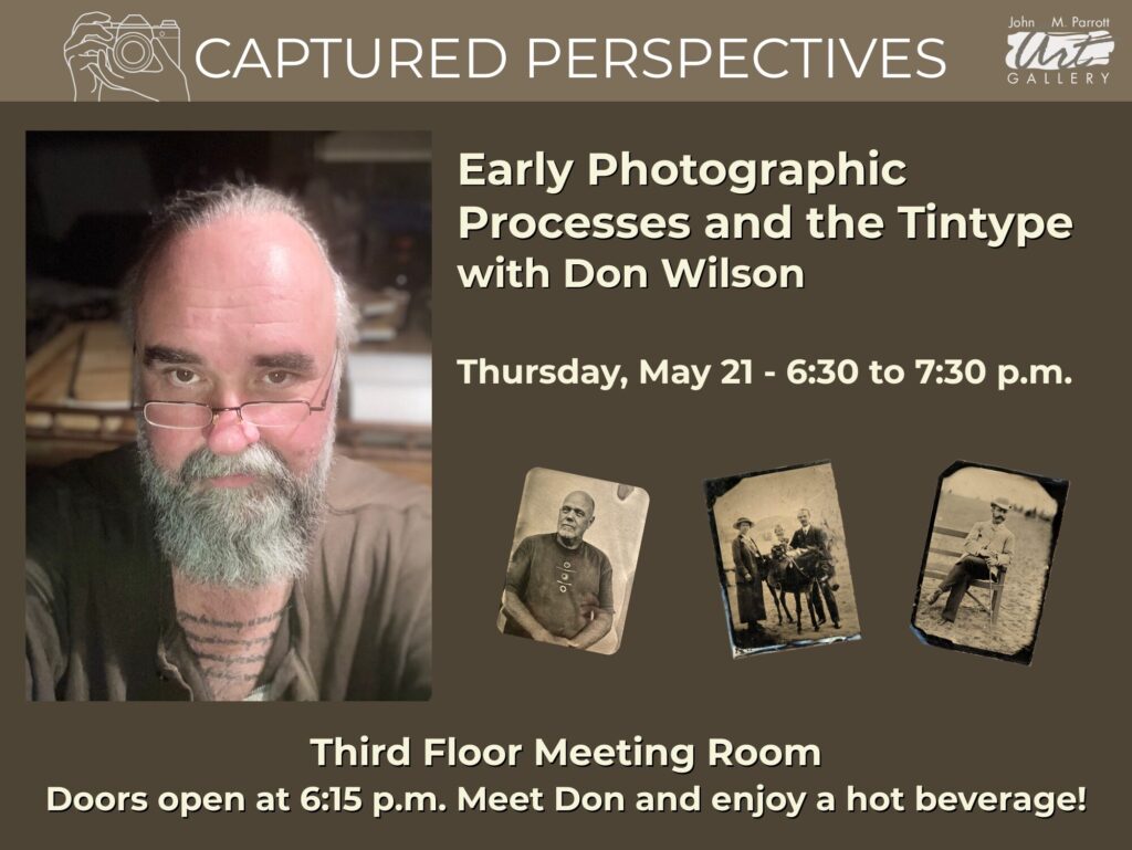 Image of photographer Don Wilson and samples of tintype photographs
