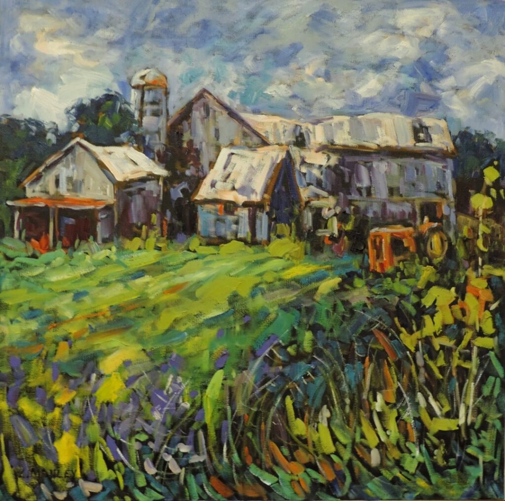 Image of a painting of a farm showing a barn, tractor and colourful field with flowers/