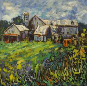 Image of a painting of a farm showing a barn, tractor and colourful field with flowers/