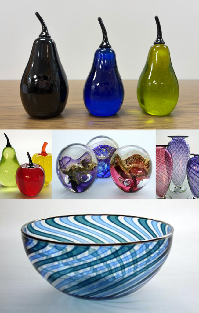 Images of various pieces of glass artwork by artist Mark Armstrong. Includes vases, fruit shaped paperweight, a bowl and more.