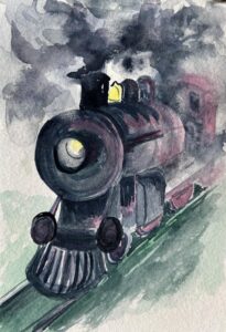 Image of a watercolor train on a track with lots of steam around the train