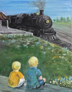 Image of an acrylic painting showing a black train on a track and two small boys in the foreground watching