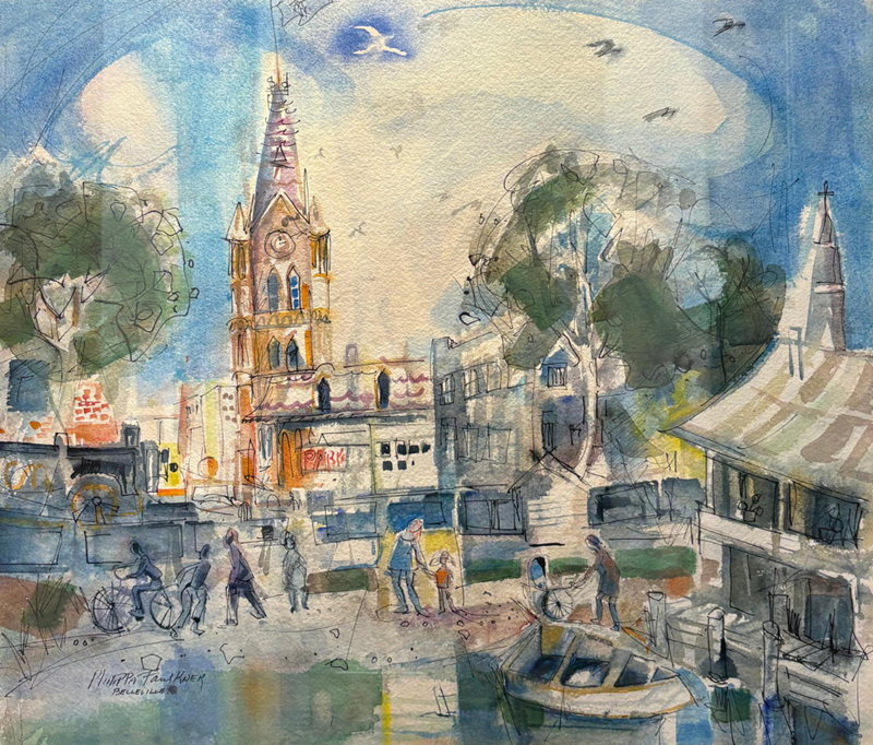 Image of a painting showing a scene of Belleville including city hall and the waterfront, by Phillipa Faulkner.