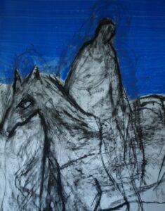 Image of art work created with conte and gouache, showing a rough drawn figure and animal in front of the blue background.