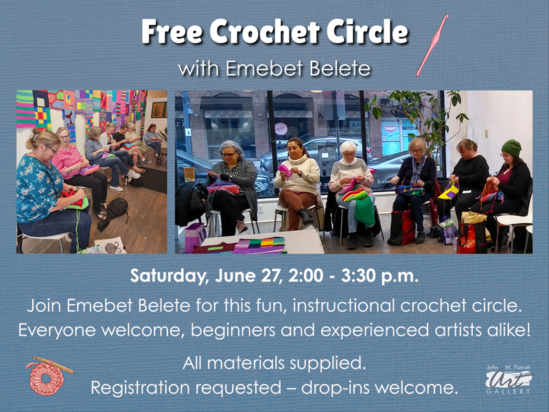 A group of people crocheting together along with information about a free Crochet Circle on June 27 at the Parrott Gallery.