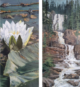 Image of two paintings by artist Terry Horricks. On the left is a lotus flower in the water, and on the right is a water fall scene with rocks and trees.