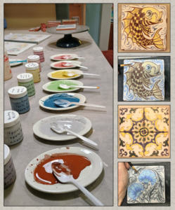 Image of a row of colourful paint and supplies for tile painting with example tiles along side.