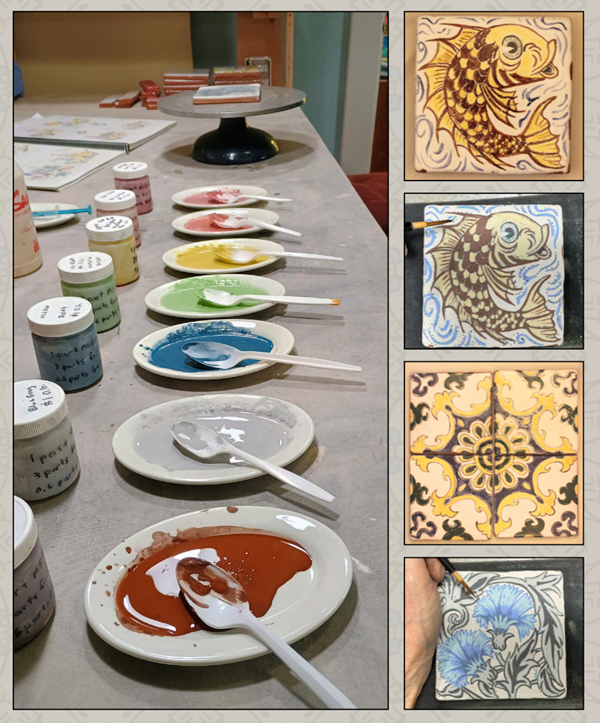 Image of a row of colourful paint and supplies for tile painting with example tiles along side.