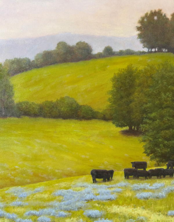 Image of a painting showing a landscape scene of a meadow with hills and blue flowers and black cows in the front.