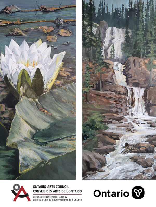 Image of two paintings by artist Terry Horricks. On the left is a lotus flower in the water, and on the right is a water fall scene with rocks and trees.