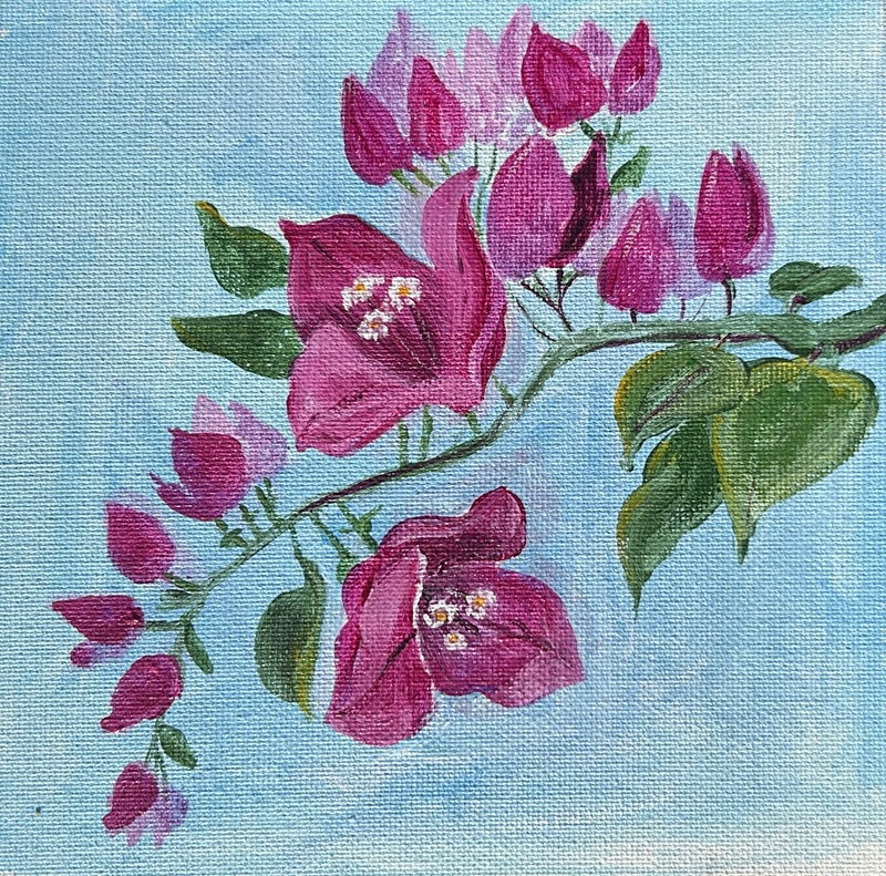Image of an acrylic painting show purple bougainvillea flowers on a vine with a blue sky in the background.