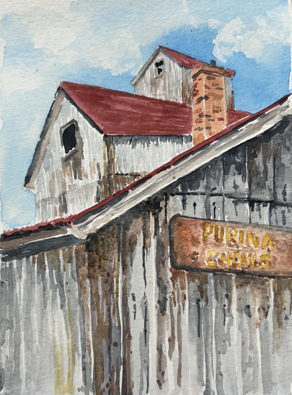 Image of a watercolour painting showing a section of an old mill with weathered grey wood and a red roof.