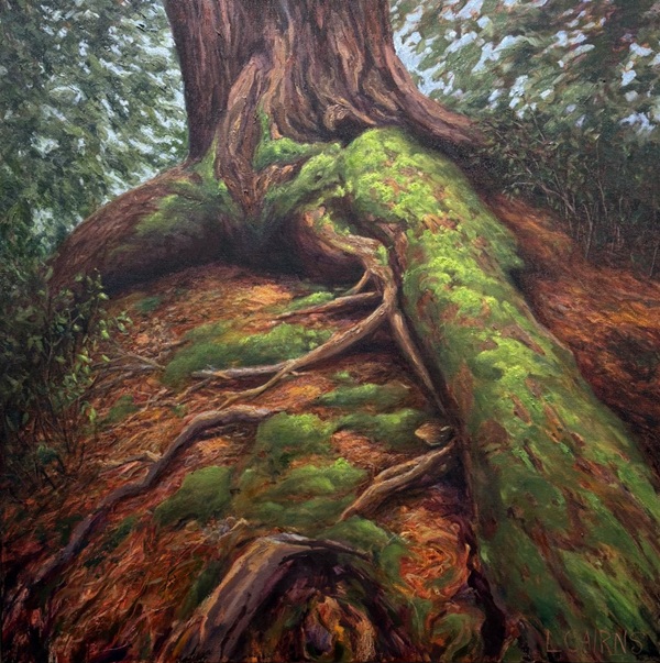 Image of a painting of the base of a tree with large roots reaching into the earth.