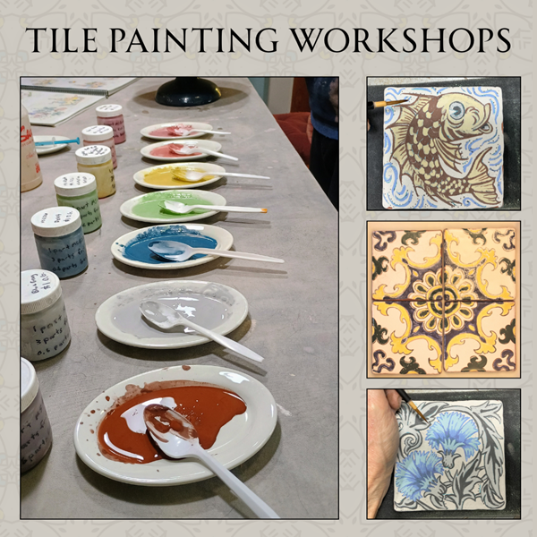 A row of colourful paint and supplies for tile painting with sample tiles along side.