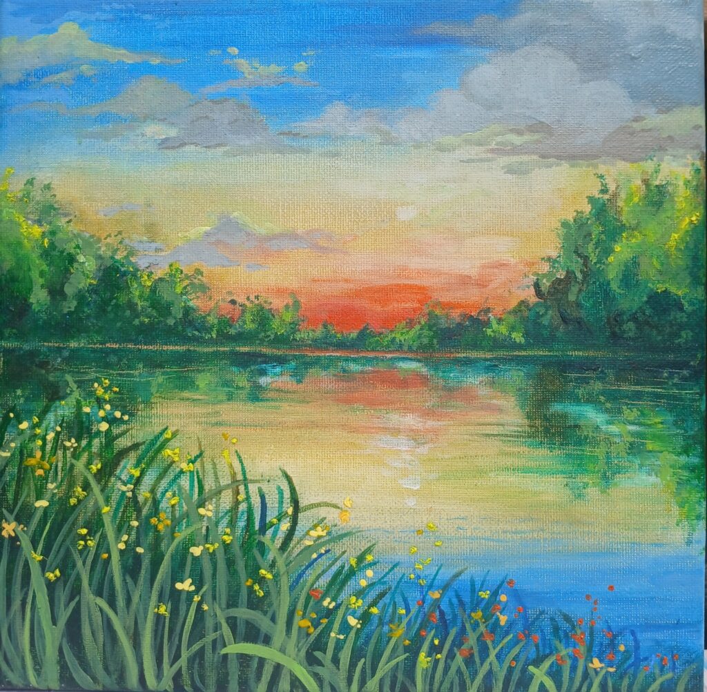Painting of a sunset at the Irpin River
