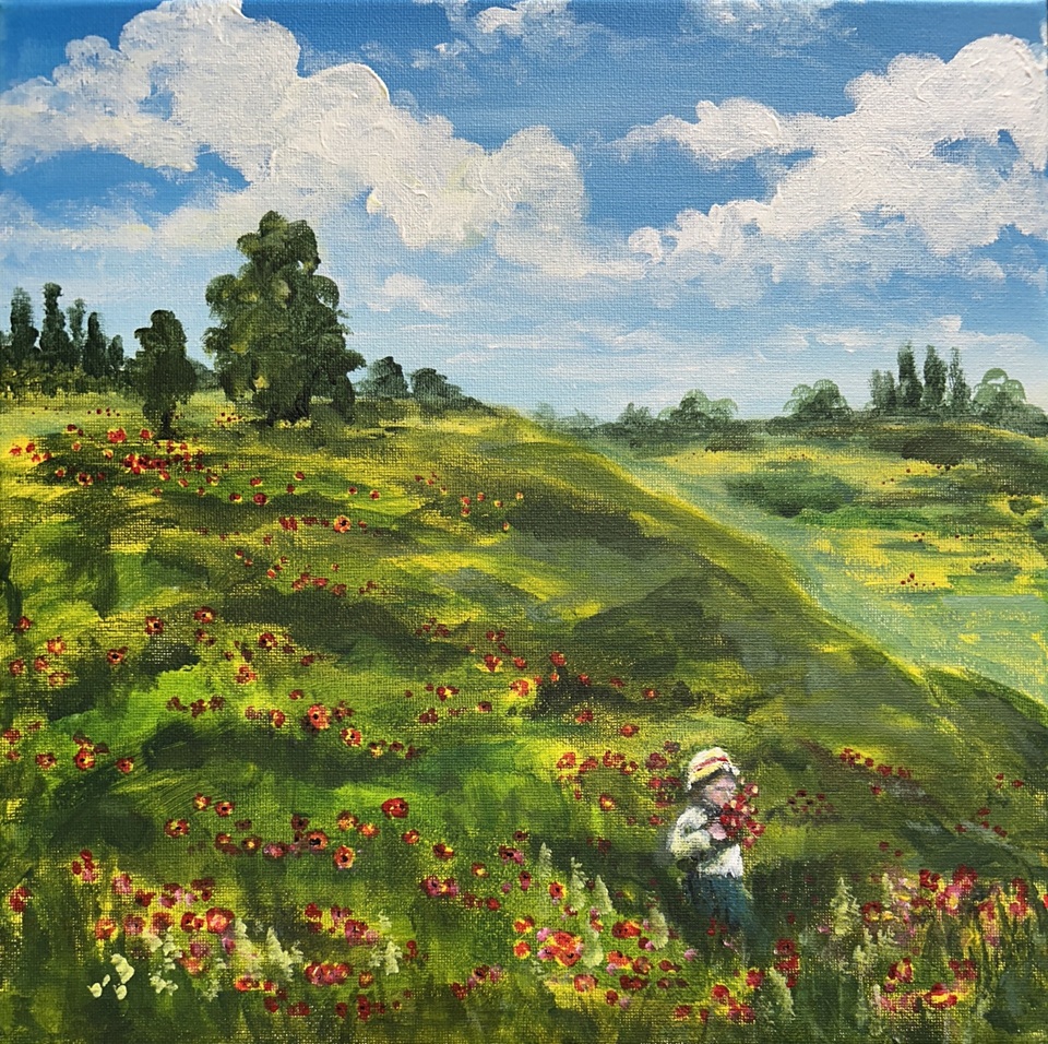 Acrylic painting of poppies growing on a hill with a small child holding a bunch of poppies in his hand.