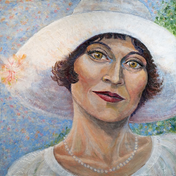 Portrait painting of a woman wearing a white hat and pearls with a blue sky and green tree in the background.