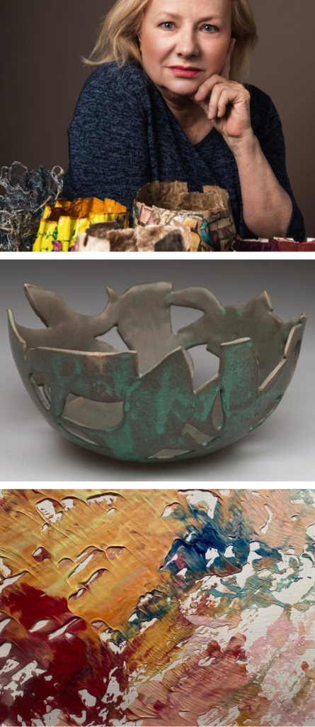 Parrott Gallery Shop featured artist Emõke K. Wilson poses with a selection of her artwork (top). A green geometric shaped bowl (middle). Abstract painting with reds, yellows, pinks and a hint of blues (bottom).